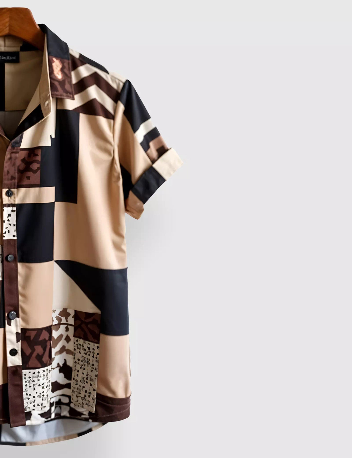 Cream Black Square Designer Men's Half Sleeves Printed Shirt Exclusive