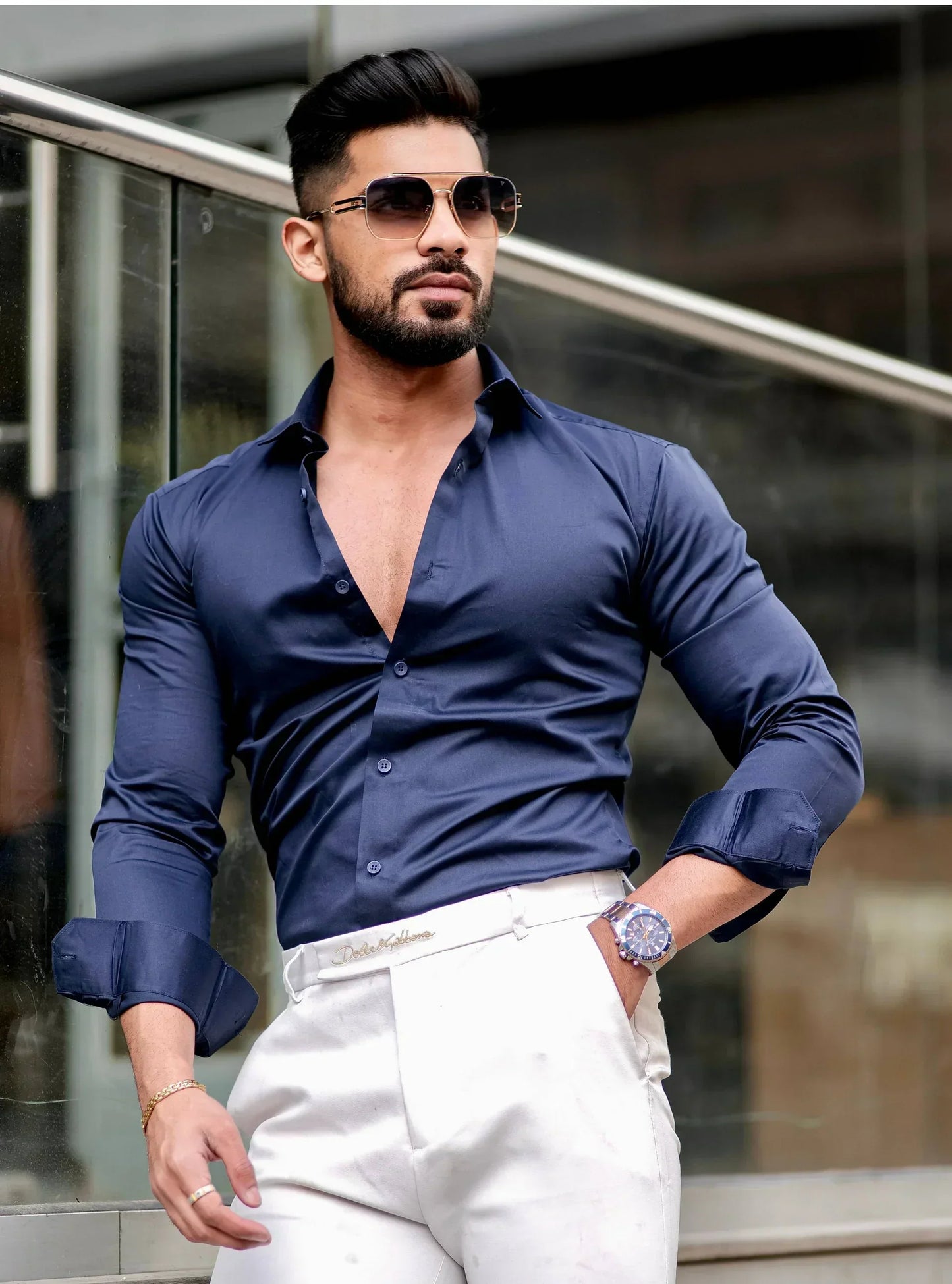 SOLID NAVY Mens Full Sleeves Formal Cotton Shirt