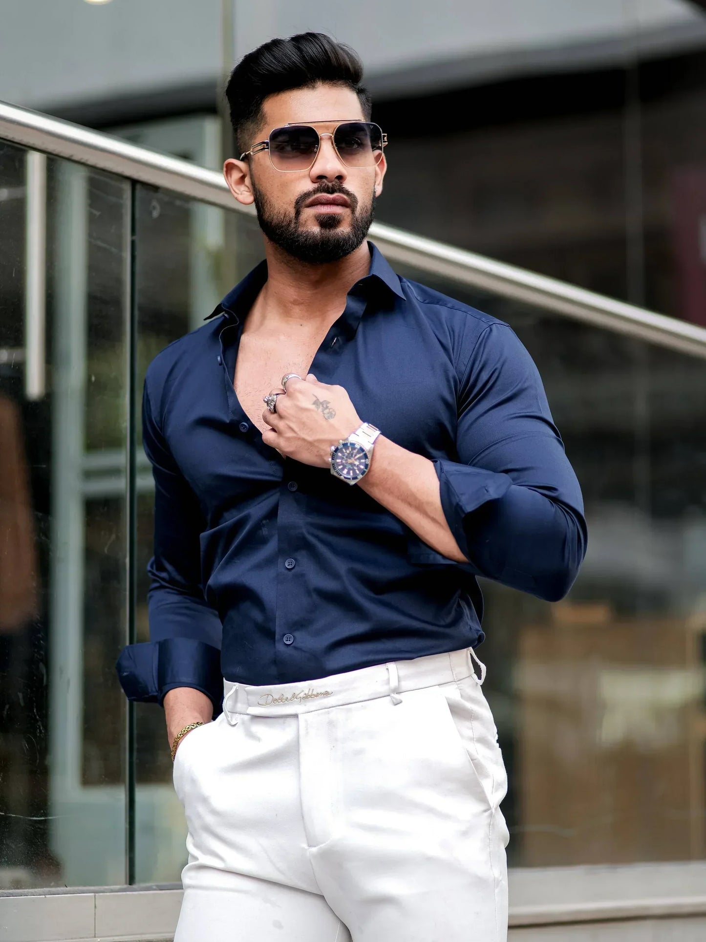SOLID NAVY Mens Full Sleeves Formal Cotton Shirt