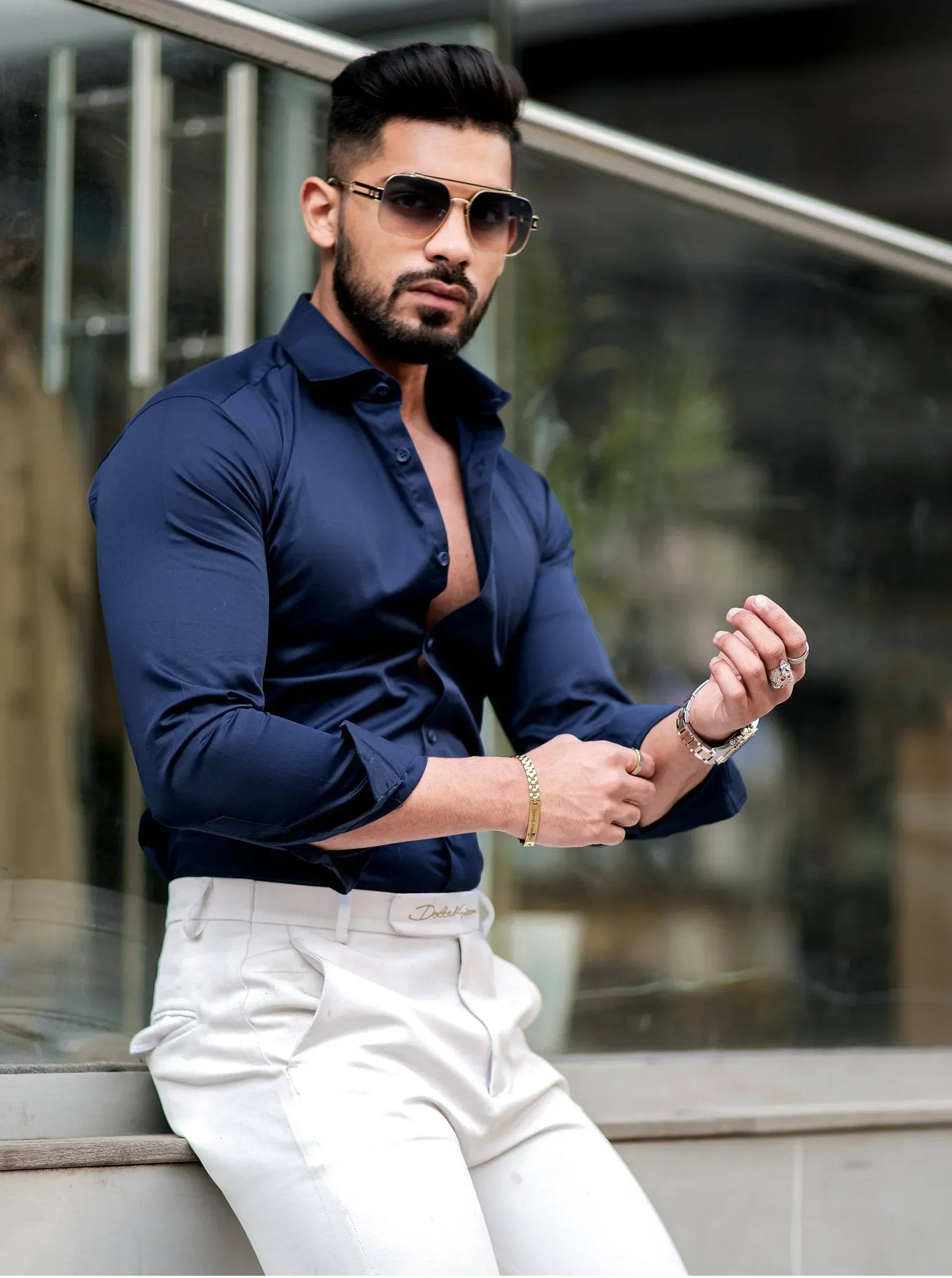 SOLID NAVY Mens Full Sleeves Formal Cotton Shirt