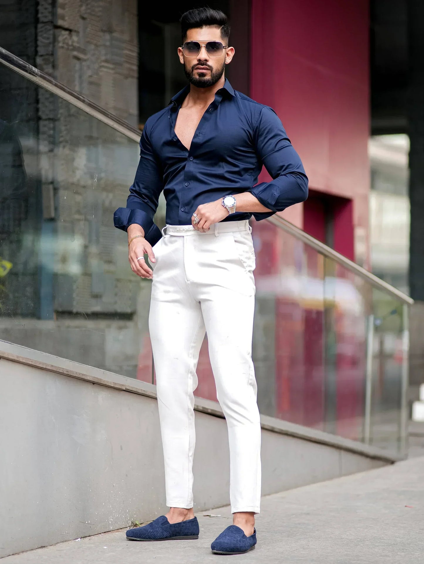 SOLID NAVY Mens Full Sleeves Formal Cotton Shirt