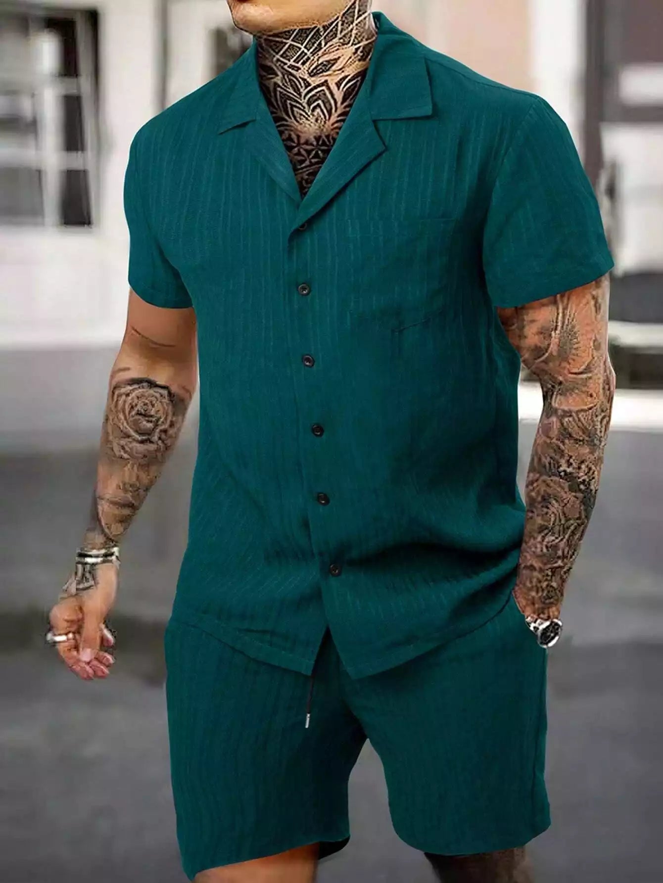 Green Solid Color Mens Half Sleeves Cords Cotton Material