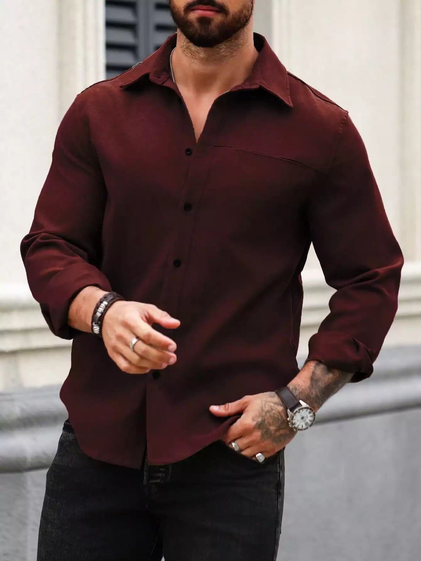 Men Spring And Summer Solid Color Loose Casual Long-Sleeved Shirt Burgundy Color - XPST
