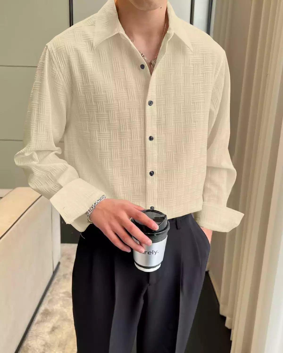Light Brown Color Full Sleeves Mens Popcorn Material Shirt