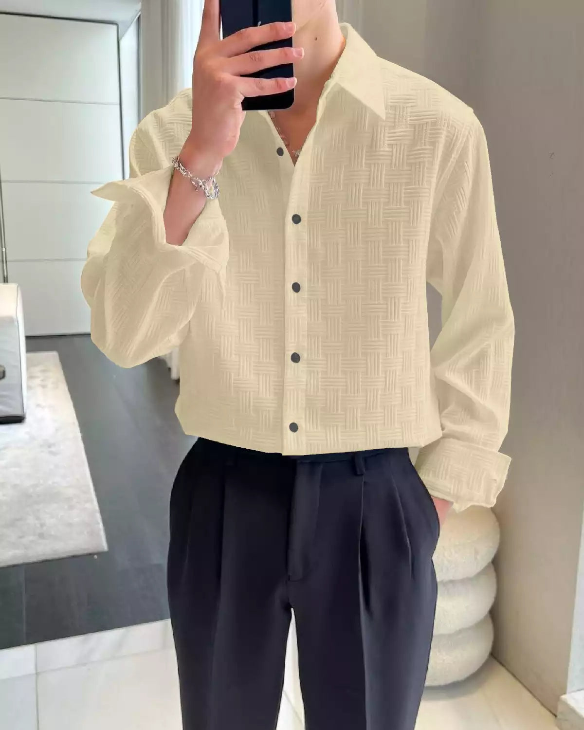 Light Brown Color Full Sleeves Mens Popcorn Material Shirt