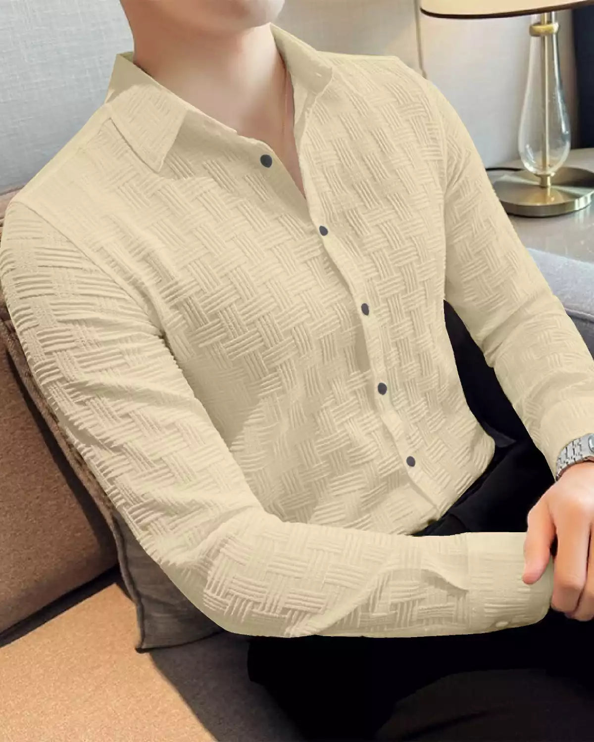 Light Brown Color Full Sleeves Mens Popcorn Material Shirt
