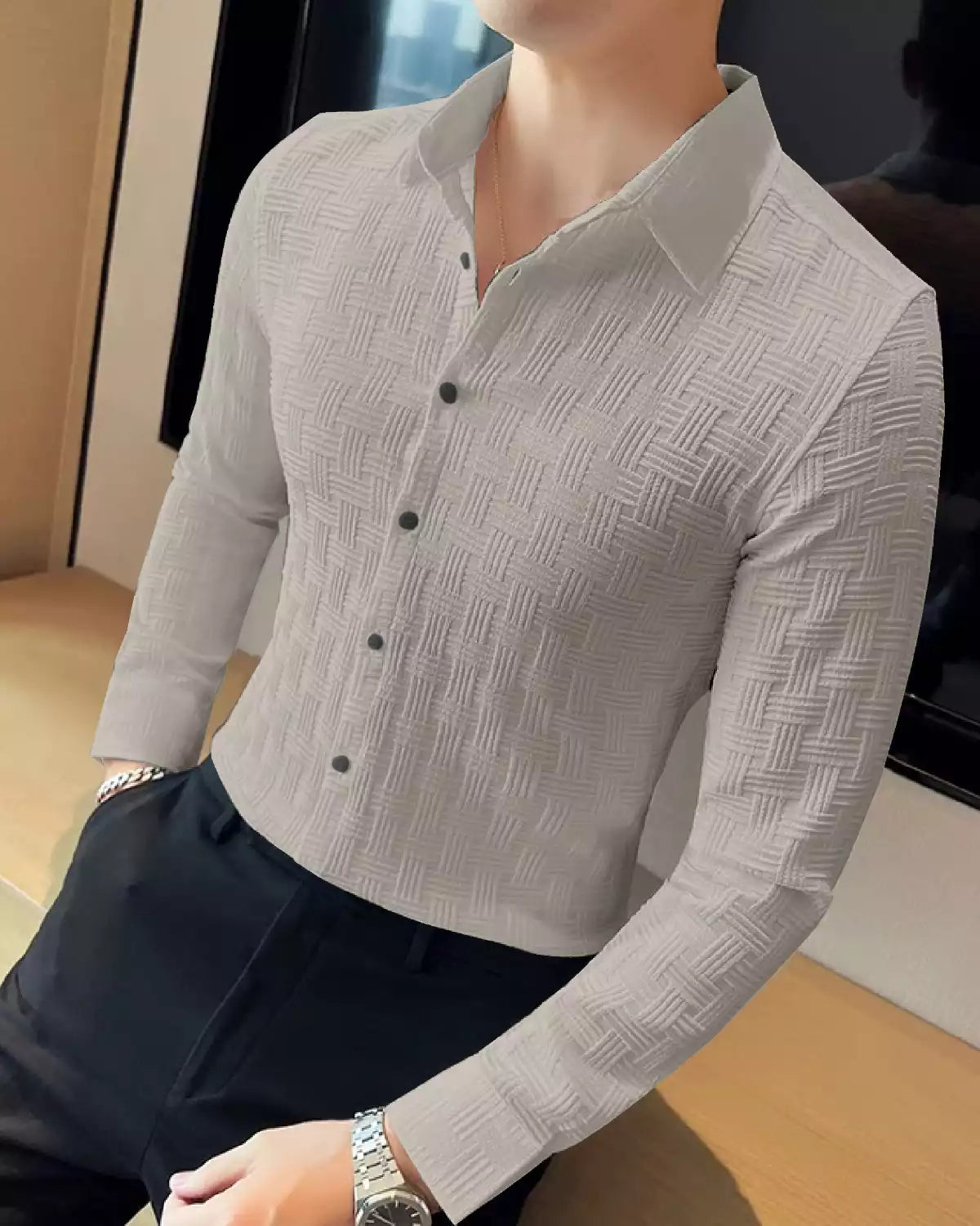 Gray Color Full Sleeves Mens Popcorn Material Shirt