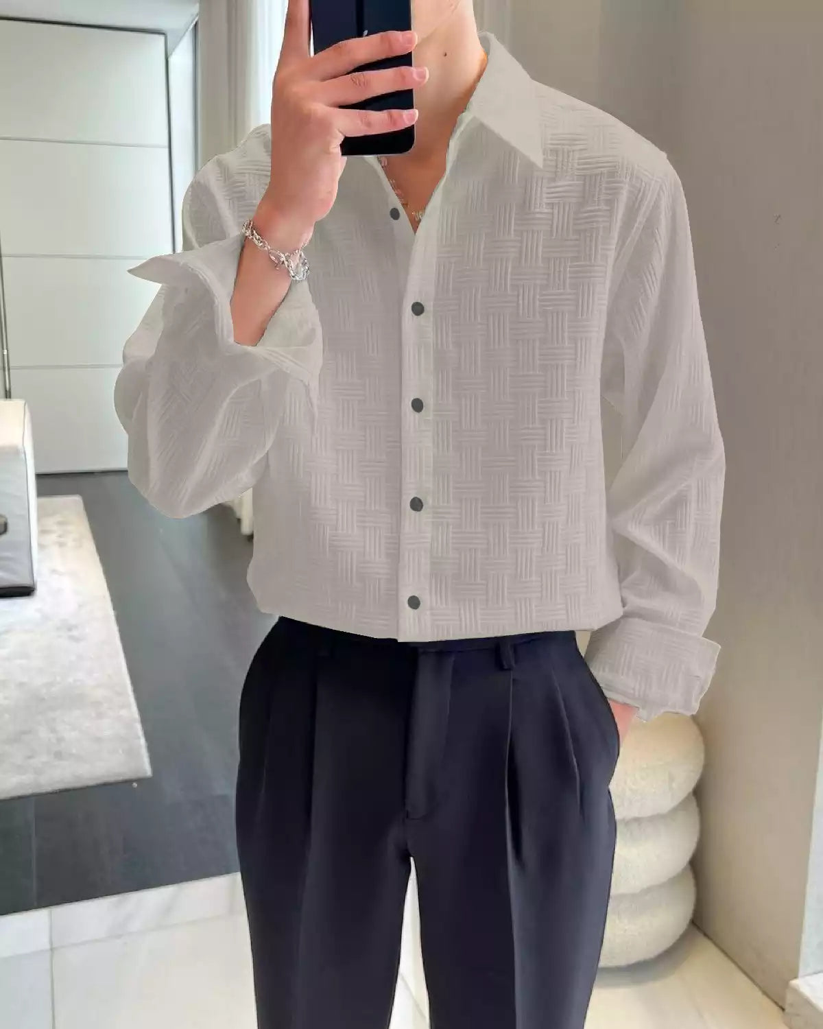 Gray Color Full Sleeves Mens Popcorn Material Shirt