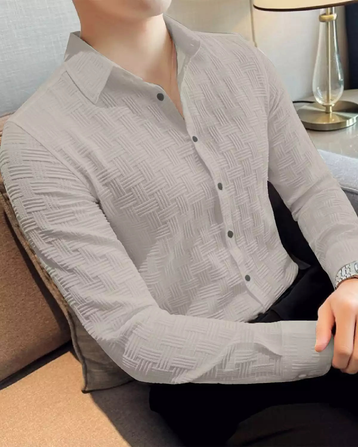 Gray Color Full Sleeves Mens Popcorn Material Shirt