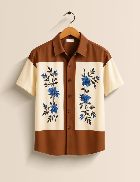 Brown Flowers Stripped Designer Men's Half Sleeves Printed Shirt Exclusive