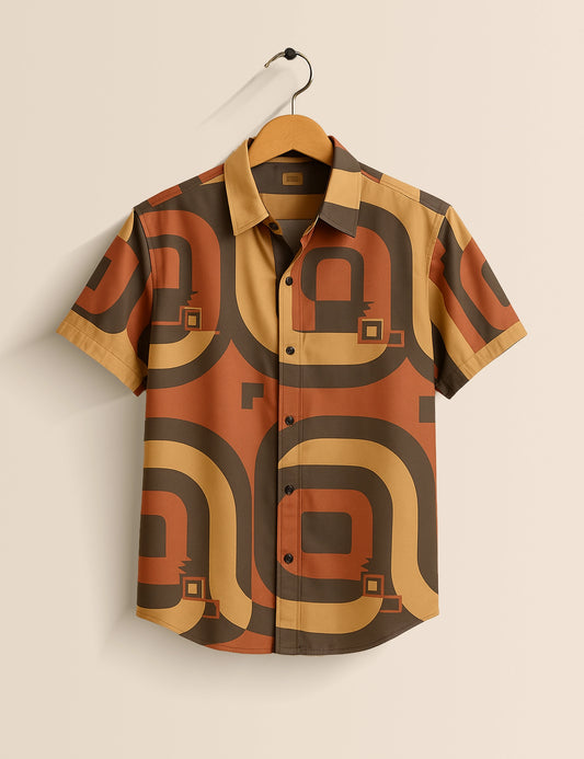 Brown Geometric Designer Men's Half Sleeves Printed Shirt Exclusive