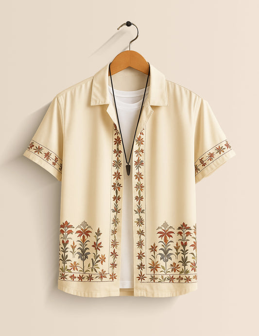 Cream Rose Border Men's Half Sleeves Printed Shirt Exclusive