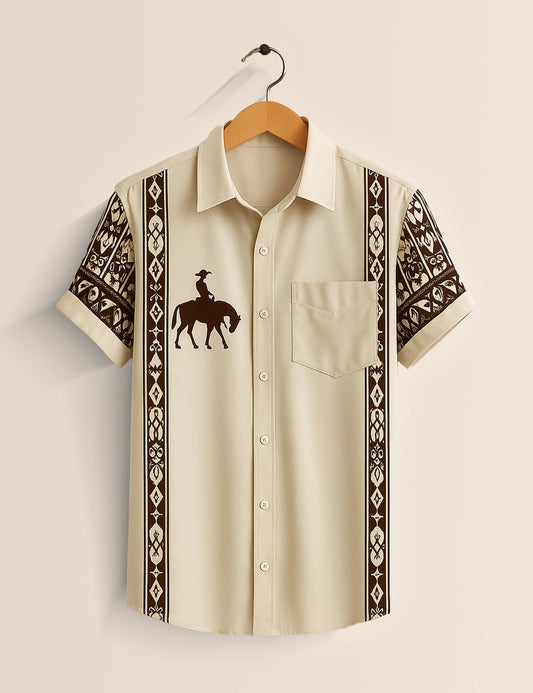 Cream Horse Designer Men's Half Sleeves Printed Shirt Exclusive
