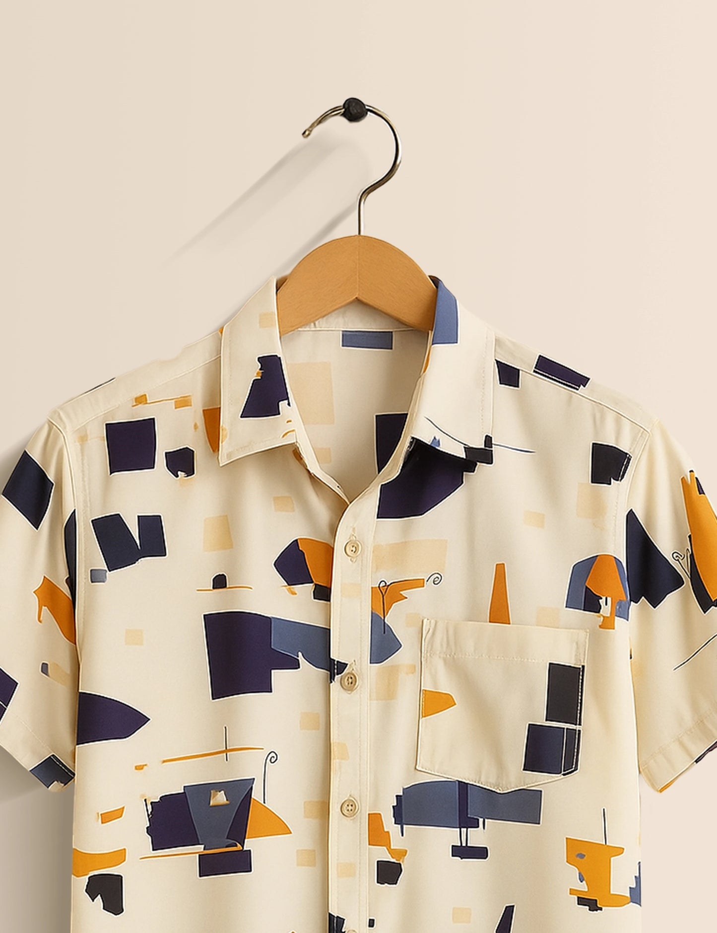 Cream Patch Work Designer Men's Half Sleeves Printed Shirt Exclusive