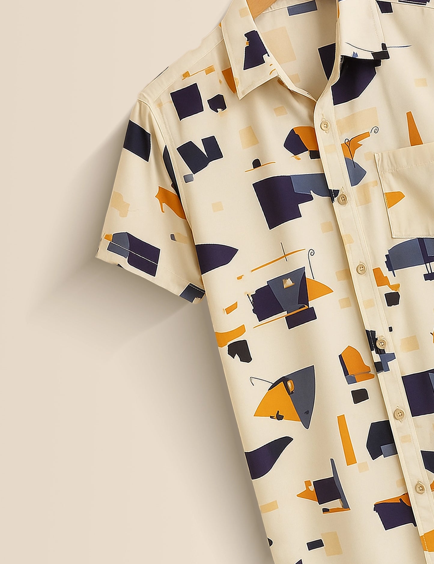 Cream Patch Work Designer Men's Half Sleeves Printed Shirt Exclusive