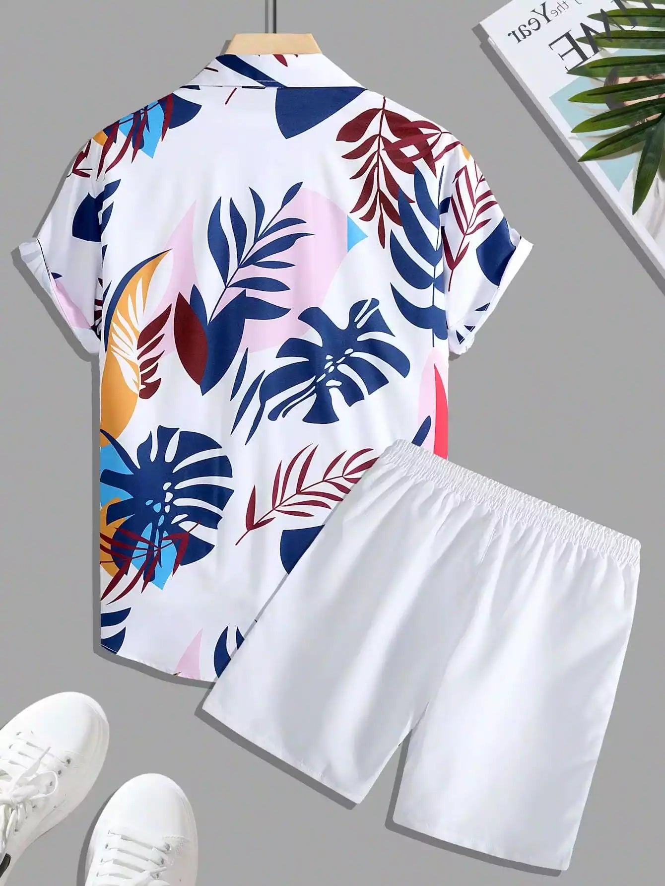 White Navy Blue Floral Design Mens Half Sleeves Cords Cotton Material