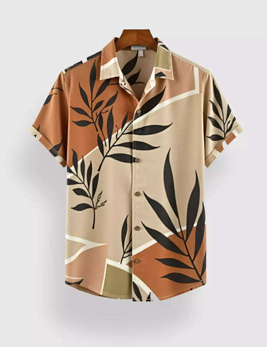 Brown Leaves Designer Men's Half Sleeves Printed Shirt Exclusive