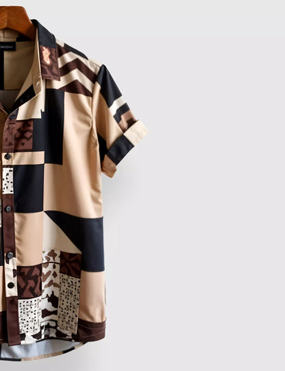 Cream Black Square Designer Men's Half Sleeves Printed Shirt Exclusive