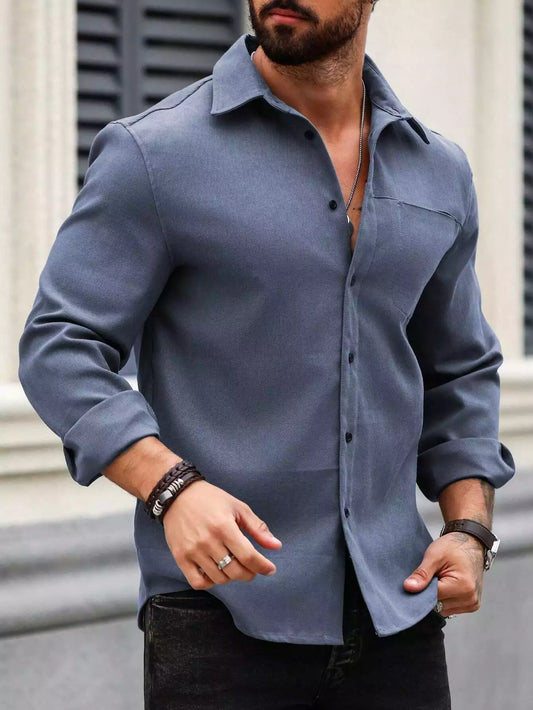 Men Spring And Summer Solid Color Loose Casual Long-Sleeved Shirt Blue Color - XPST