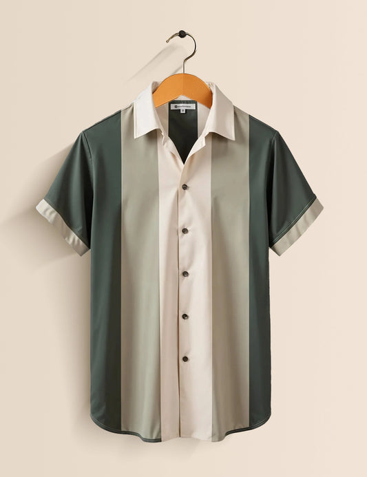 Cream and Green Stripped Designer Men's Half Sleeves Printed Shirt Exclusive