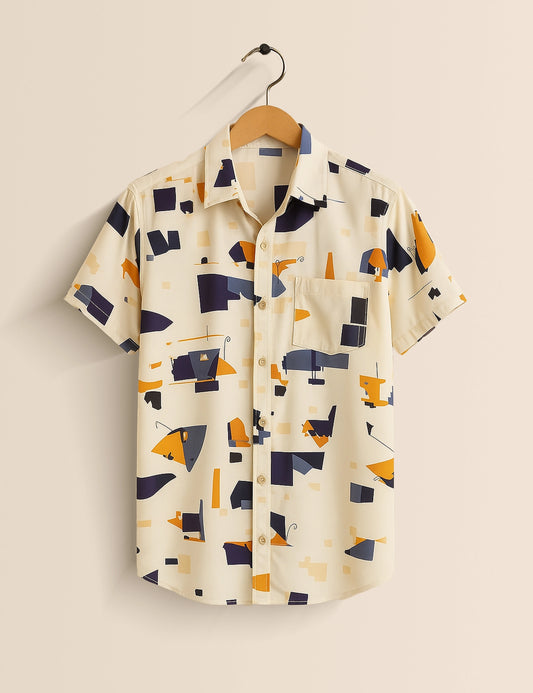 Cream Patch Work Designer Men's Half Sleeves Printed Shirt Exclusive