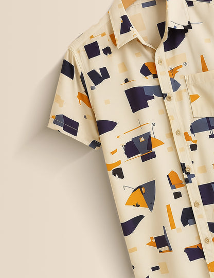 Cream Patch Work Designer Men's Half Sleeves Printed Shirt Exclusive