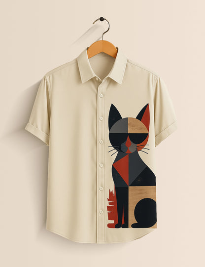 White Multicat Designer Men's Half Sleeves Printed Shirt Exclusive