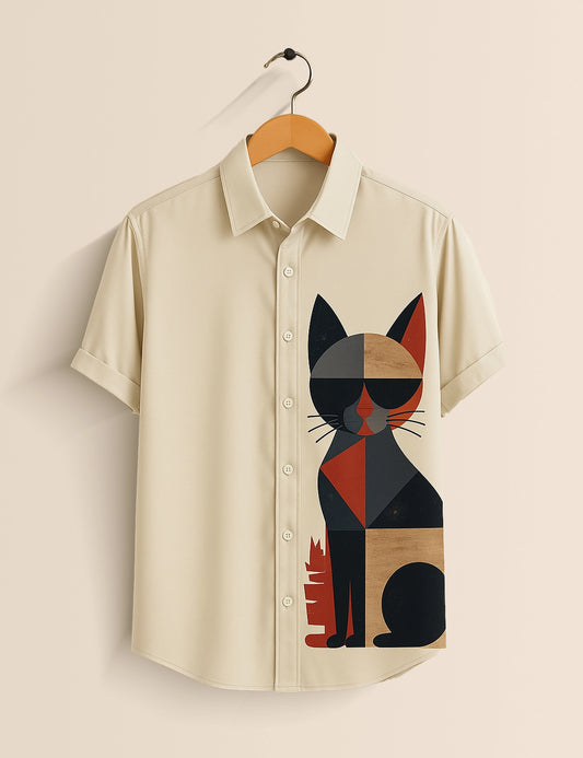 White Multicat Designer Men's Half Sleeves Printed Shirt Exclusive
