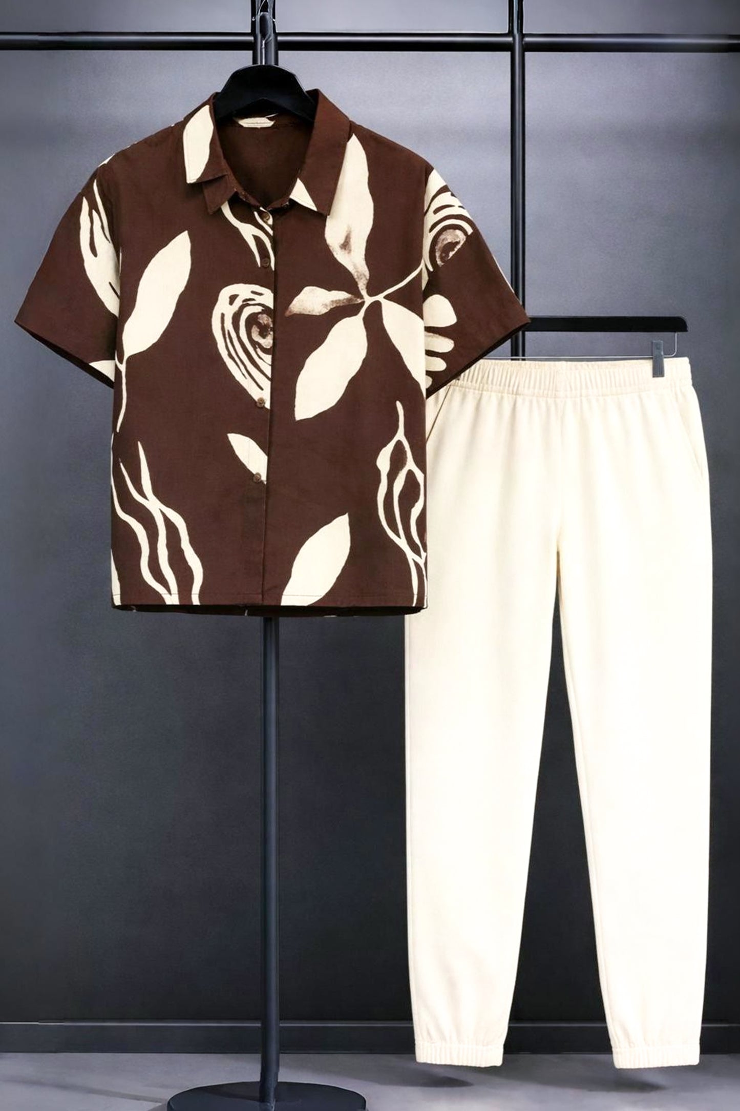 Classy Mocha Petal Printed Mens Full Set Trouser and Shirt Half Sleeves - XPCRDF
