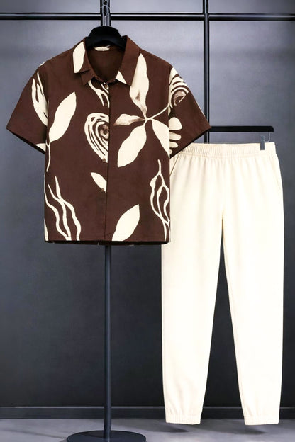 Classy Mocha Petal Printed Mens Full Set Trouser and Shirt Half Sleeves - XPCRDF