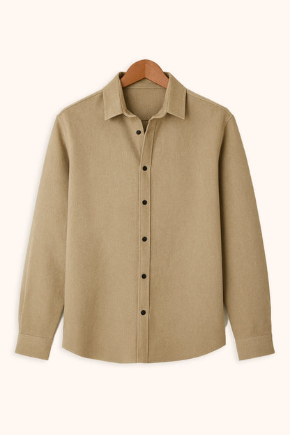 Men Spring And Summer Solid Color Loose Casual Long-Sleeved Shirt Apricot Color