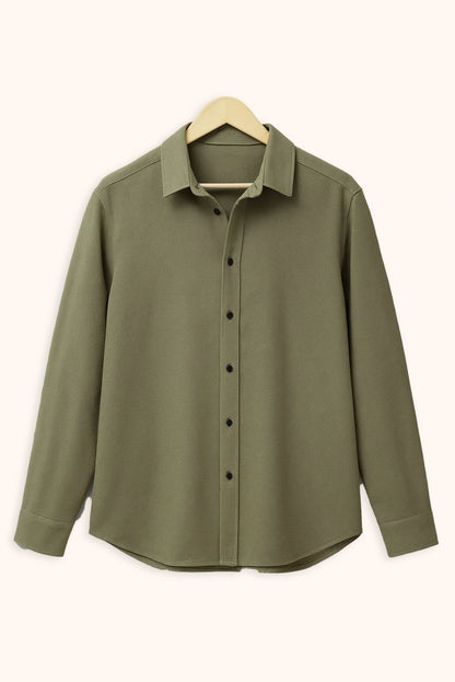 Men Spring And Summer Solid Color Loose Casual Long-Sleeved Shirt Army Green Color