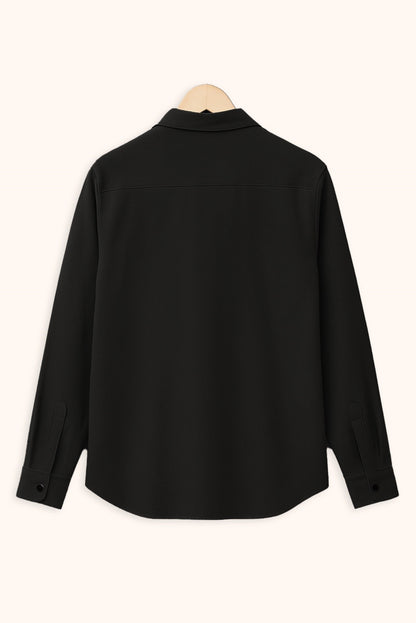 Men Spring And Summer Solid Color Loose Casual Long-Sleeved Shirt Black Color