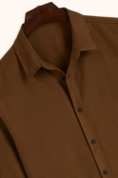 Men Spring And Summer Solid Color Loose Casual Long-Sleeved Shirt Brown Color