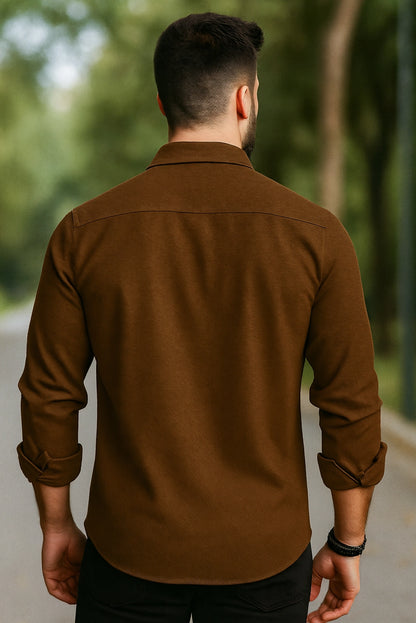 Men Spring And Summer Solid Color Loose Casual Long-Sleeved Shirt Brown Color