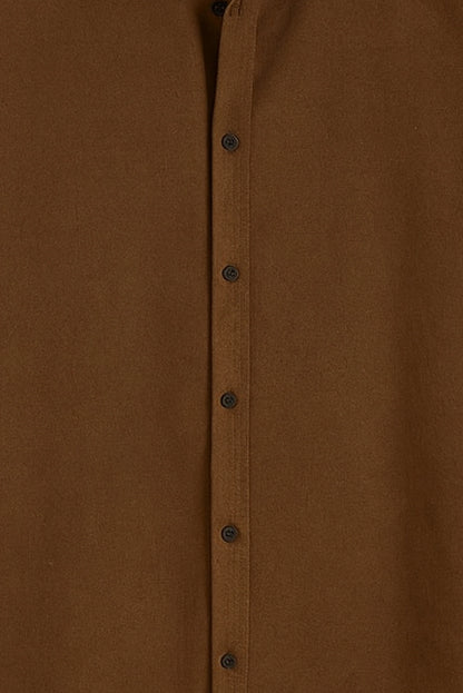 Men Spring And Summer Solid Color Loose Casual Long-Sleeved Shirt Brown Color