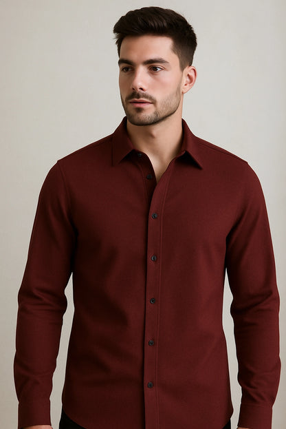 Men Spring And Summer Solid Color Loose Casual Long-Sleeved Shirt Burgundy Color