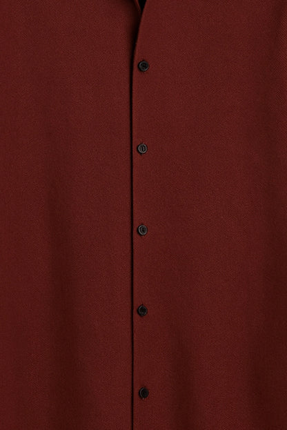 Men Spring And Summer Solid Color Loose Casual Long-Sleeved Shirt Burgundy Color