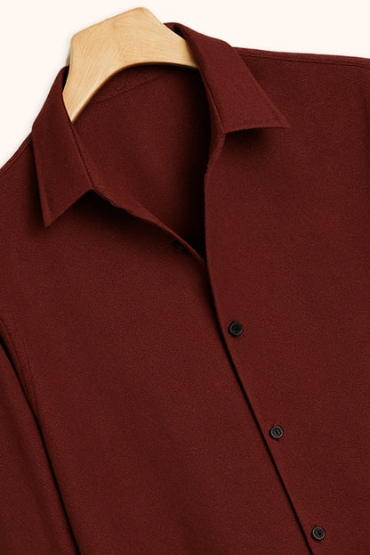 Men Spring And Summer Solid Color Loose Casual Long-Sleeved Shirt Burgundy Color