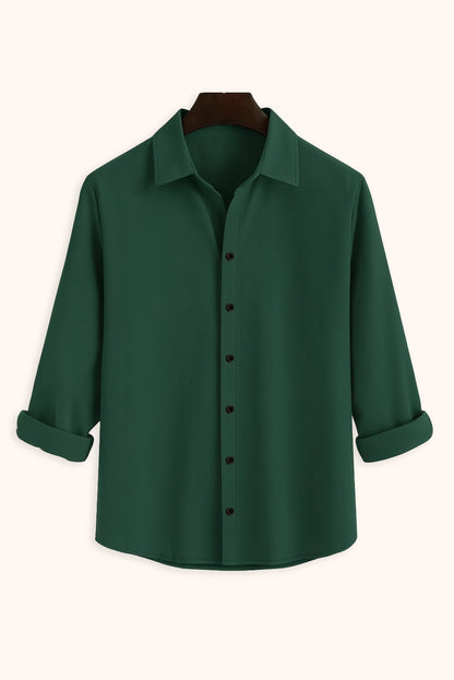 Men Spring And Summer Solid Color Loose Casual Long-Sleeved Shirt Dark Green Color