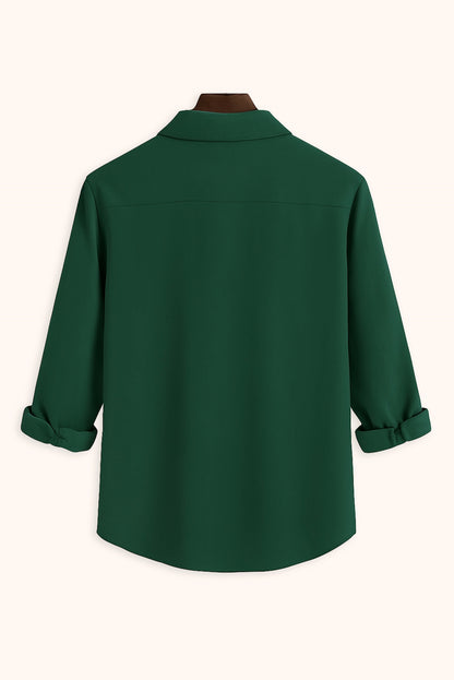 Men Spring And Summer Solid Color Loose Casual Long-Sleeved Shirt Dark Green Color