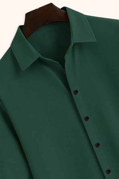 Men Spring And Summer Solid Color Loose Casual Long-Sleeved Shirt Dark Green Color