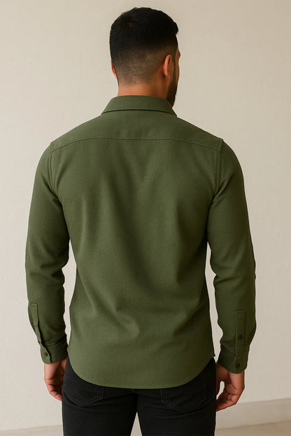 Men Spring And Summer Solid Color Loose Casual Long-Sleeved Shirt Green Color