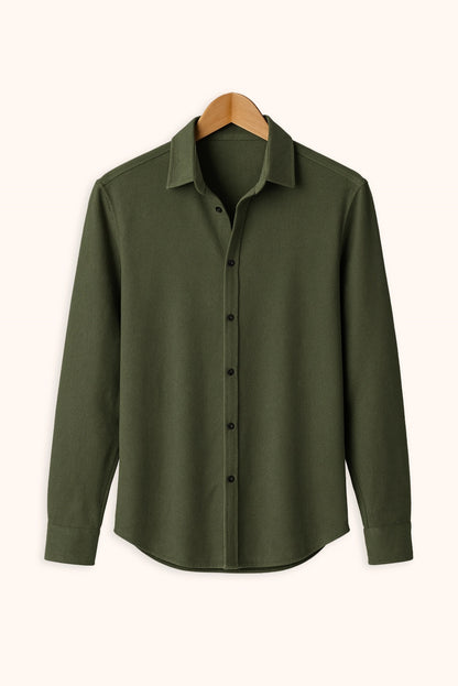 Men Spring And Summer Solid Color Loose Casual Long-Sleeved Shirt Green Color