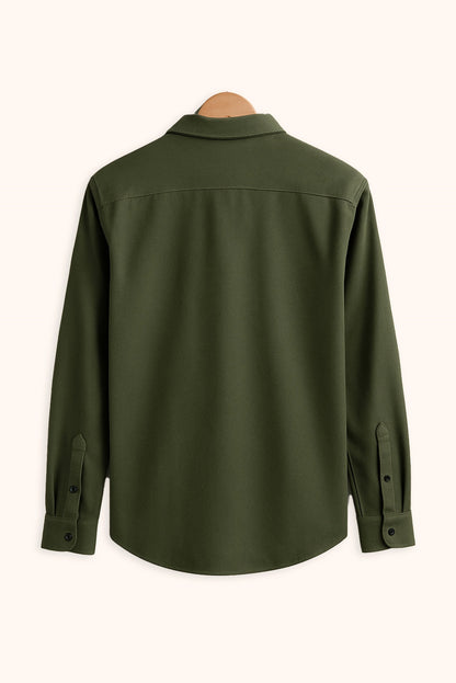 Men Spring And Summer Solid Color Loose Casual Long-Sleeved Shirt Green Color