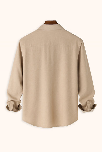 Men Spring And Summer Solid Color Loose Casual Long-Sleeved Shirt Khaki Color