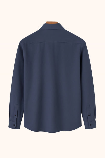 Men Spring And Summer Solid Color Loose Casual Long-Sleeved Shirt Navy Blue Color