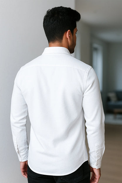Men Spring And Summer Solid Color Loose Casual Long-Sleeved Shirt White Color
